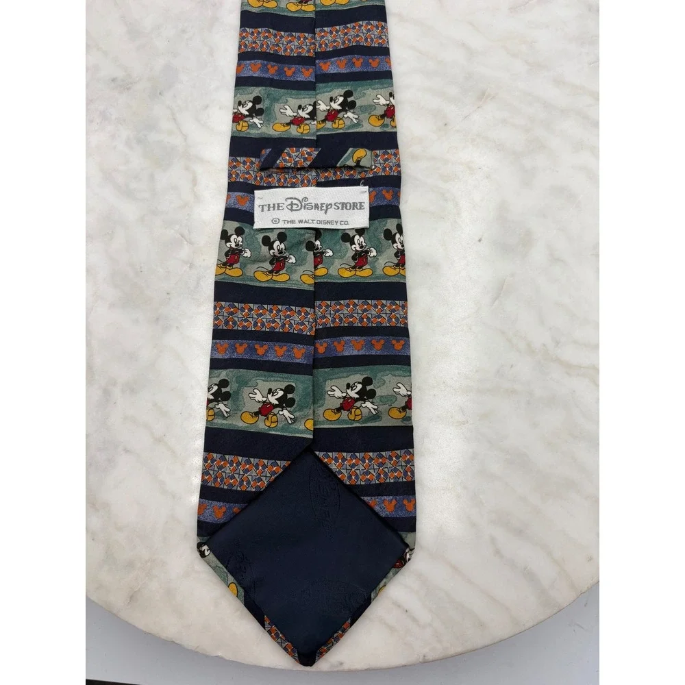 VTG Mickey Mouse Silk Tie Italy Navy Blue‎ Green 61x3.75